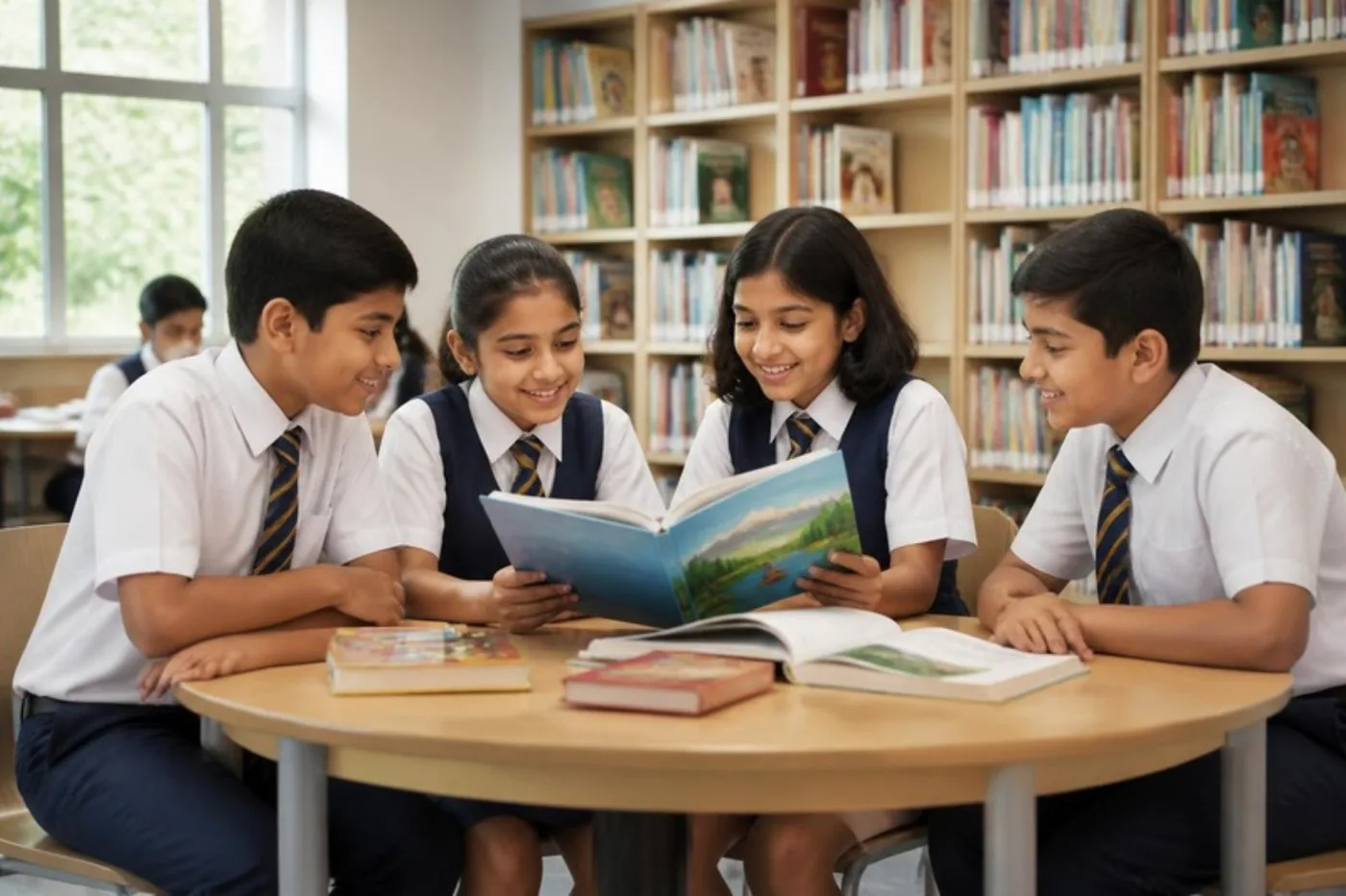 Students reading together in the library